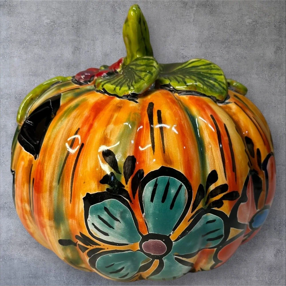 Hand Painted Ceramic Pumpkin Jack-O-Lantern H. MEX Mexican‎ Folk Art 7